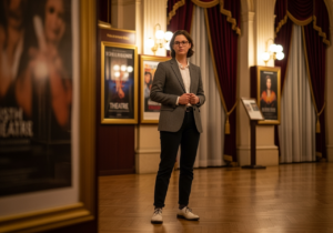 Mladý člověk v divadelním lobby v moderním smartcasual oblečení před vstupem do divadla