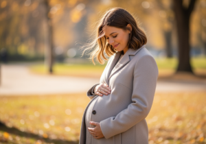 Těhotná žena v teplém kabátu drží břicho v podzimním parku s padajícím listím.