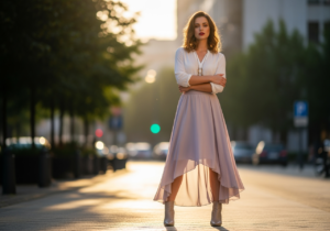 Mladá žena v městském prostředí během zlaté hodiny s asymetrickou sukní a bílou blůzou