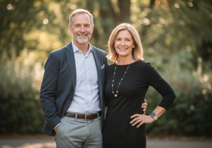 Středně věký pár na setkání po 30 letech na střední škole venku v parku s přirozeným světlem