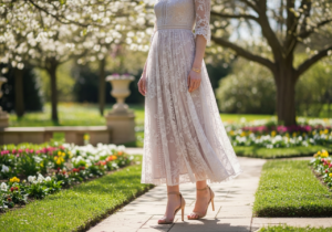 Žena v pastelových šatech a zlatých špercích stojí v zahradě s květinami za denního světla