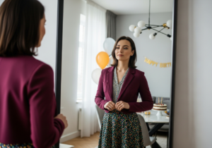 Mladá žena v městském bytě připravující se na narozeninovou oslavu před zrcadlem s balónky a dortem.