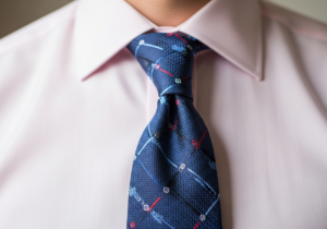 Muž v růžové košili a tmavě modré hedvábné kravatě s jemným vzorem, zaměřeno na límec a uzel.