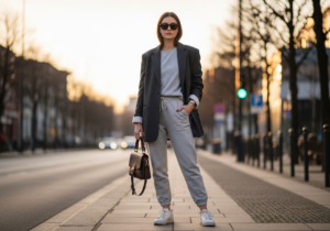 Mladá žena v módních teplácích a oversized saku stojí na městské ulici při zlaté hodině.