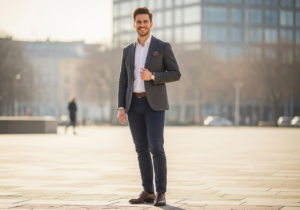 Mladý muž v moderním oblečení stojí venku na slunci s úsměvem a upravenými vlasy, městské pozadí.