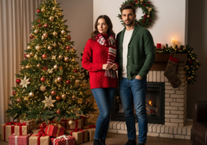 Muž a žena stojí u vánočního stromku v obývacím pokoji s dárky a krbem v pozadí.