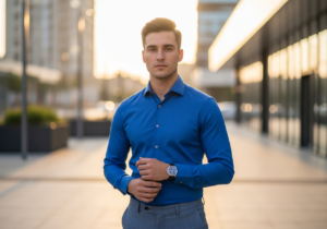 Mladý muž v modré košili ve městě za zlaté hodiny s hodinkami v moderním prostředí