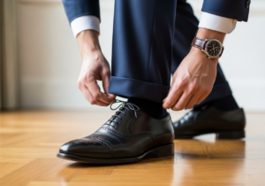 Muž upravuje spodní část saka u elegantních bot na lesklé dřevěné podlaze v moderním interiéru