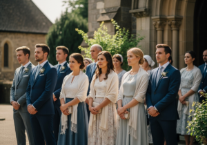 Skupina lidí u kostela na slunečný den, oděni formálně, s klidným a respektujícím výrazem.