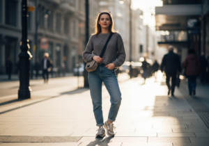 Mladá žena v městském oblečení stojí na ulici za denního světla s crossbody taškou a volnými vlasy