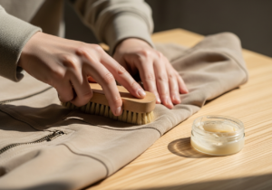 Ruce jemně čistí béžovou semišovou bundu měkkým kartáčem na světlém dřevěném stole.