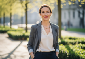 Žena kolem padesátky v pohodlném oblečení stojí venku v parku se zelení a jemným světlem