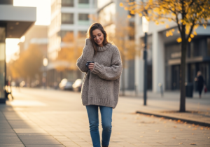 Mladá žena v béžovém svetru drží teplý nápoj na městské ulici za zlaté hodiny.