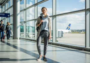 Mladá žena v pohodlném oblečení stojí na letišti u okna s pohledem na letadlo venku.