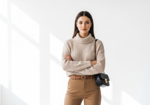 Mladá žena v moderním studiu v módním oblečení s přirozeným osvětlením a bílým pozadím.