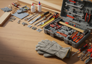 Pracovní stůl s nářadím a materiály připravený k opravám za denního světla