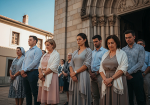 Skupina lidí v elegantním oblečení stojí před kostelem za slunečného dne.