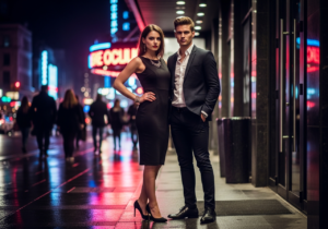 Stylový pár stojí před moderním nočním klubem za nočního města s neonovými světly a davem.