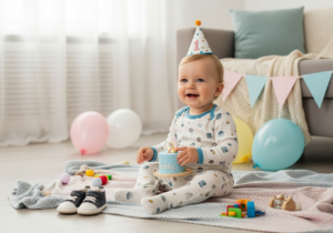 Spokojené batole v narozeninovém oblečení sedí na pastelové dece v osvětleném obýváku s hračkami.