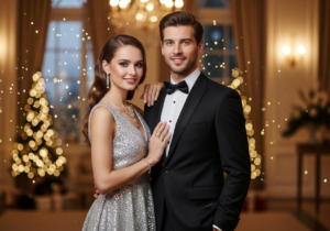 Mladý pár v elegantním oblečení pózuje na slavnostní novoroční večírek s vánoční výzdobou.