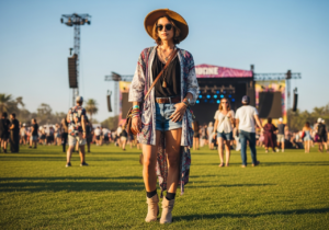 Mladý člověk na hudebním festivalu venku, oblečený v bohémském stylu s kloboukem a slunečními brýlemi