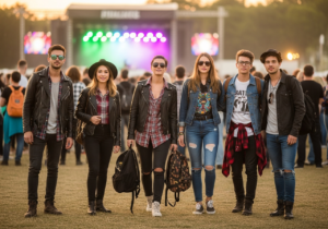 Mladí lidé připravující se na koncert venku za zlaté hodiny s barevným festivalovým pozadím