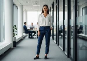 Mladá žena v kanceláři v business casual oblečení připravená na školení, s kolegy v pozadí.