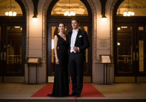 Elegantní pár před koncertní síní večer na červeném koberci při filharmonickém koncertu.