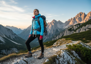 Mladá žena na horské stezce za úsvitu v outdoorovém oblečení s horolezeckým vybavením.