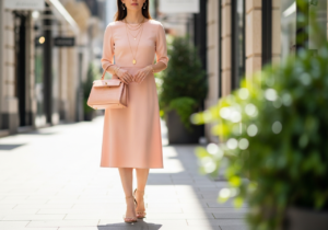 Žena v broskvových šatech s jemnými zlatými šperky v elegantní městské ulici s módními obchody