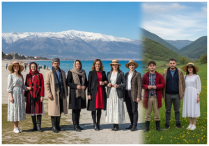 Skupenina lidí v sezónním albánském oblečení před krajinou hor, pláže a zeleného údolí.