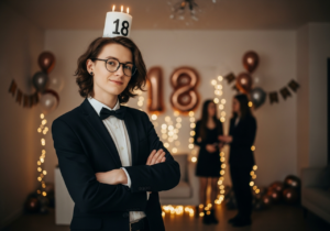 Mladý dospělý slaví 18. narozeniny v moderní místnosti s přáteli a dekoracemi.