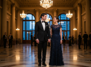 Elegantní pár v luxusním sále filharmonie připravený na klasický hudební večer.